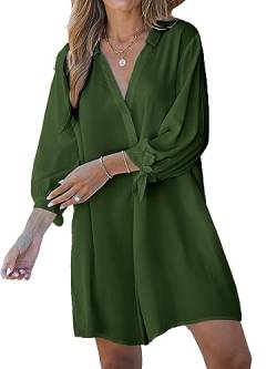 CUPSHE Damen Blusenkleid V Ausschnitt Knopfleiste 3/4 Arm Lockeres Sommerkleid Freizeitkleider Bikini Cover Up Hemdblusen Shirt Mini Dress Armee Grün M von CUPSHE