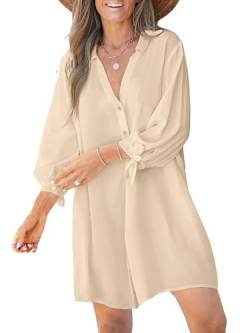 CUPSHE Damen Blusenkleid V Ausschnitt Knopfleiste 3/4 Arm Lockeres Sommerkleid Freizeitkleider Bikini Cover Up Hemdblusen Shirt Mini Dress Beige M von CUPSHE