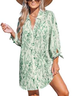 CUPSHE Damen Blusenkleid V Ausschnitt Knopfleiste 3/4 Arm Lockeres Sommerkleid Freizeitkleider Bikini Cover Up Hemdblusen Shirt Mini Dress Grünes Blumenmuster XL von CUPSHE