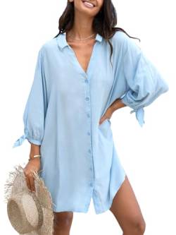 CUPSHE Damen Blusenkleid V Ausschnitt Knopfleiste 3/4 Arm Lockeres Sommerkleid Freizeitkleider Bikini Cover Up Hemdblusen Shirt Mini Dress Hellblau M von CUPSHE