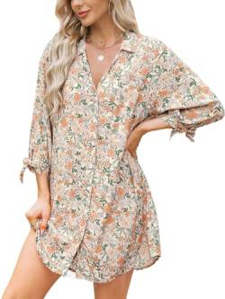 CUPSHE Damen Blusenkleid V Ausschnitt Knopfleiste 3/4 Arm Lockeres Sommerkleid Freizeitkleider Bikini Cover Up Hemdblusen Shirt Mini Dress Orange Floral L von CUPSHE