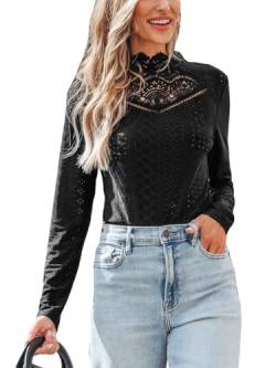 CUPSHE Damen Bodysuit Mock Neck Floral Spitze Zierausschnitten Langarm Unterziehbody Casual Blusenbody Tops Schwarz XS von CUPSHE