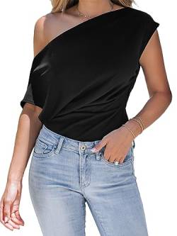 CUPSHE Damen Bodysuit One Shoulder Kurzarm Bauchweg Raffung Schulterfrei Unterziehbody Blusenbody Tops Schwarz XL von CUPSHE