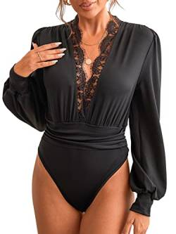 CUPSHE Damen Bodysuit Tiefer V Ausschnitt Spitzenbesatz Langarm Raffungen Bodies Casual Langarmshirt Overall Blusenbody Top Schwarz L von CUPSHE