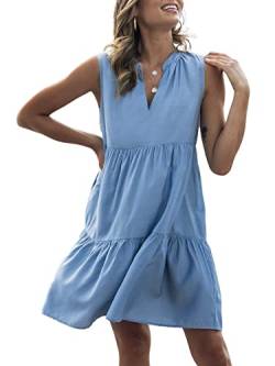 CUPSHE Damen Casual Minikleid Lang Plissee Ärmellos V-Ausschnitt Tunika Kurz Kleid Tank A-Linie Sommerkleid, blau, Medium von CUPSHE