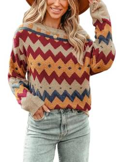 CUPSHE Damen Casual Pullover Pullover Pullover One Shoulder Chevron Ethnic Knit Lange Ärmel Tops, Orange / Rot, X-Groß von CUPSHE