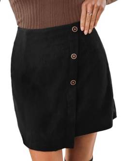 CUPSHE Damen Cordrock Knöpfen Asymmetrischer Saum High Waist Kurzrock Freizeitrock Party Mini Short Skirt Schwarz XS von CUPSHE