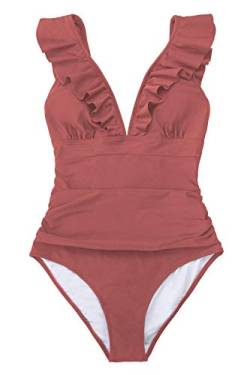 CUPSHE Damen Einteiler Badeanzug Rüschen V Ausschnitt Monokinis Raffung Bauchweg Einteilige Bademode Swimsuit Tawney Red L von CUPSHE