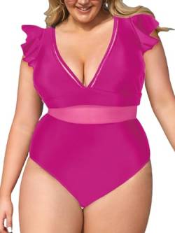 CUPSHE Damen Große Größen Badeanzug V Ausschnitt Netzstoff Volantsärmel Figurformend Einteilige Curvy Bademode Plus Size Swimsuit Rosa 0X=L von CUPSHE