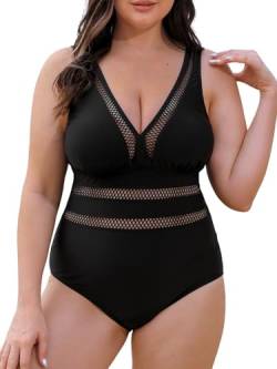 CUPSHE Damen Große Größen Badeanzug V Ausschnitt Sheer Mesh Zierausschnitte Bauchkontrolle Einteilige Curvy Bademode Plus Size Swimsuit Schwarz 2X=XXL von CUPSHE