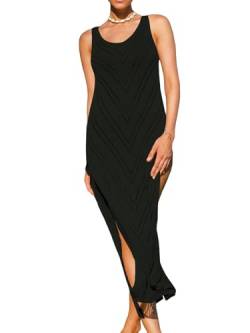 CUPSHE Damen Häkel-Coverups, ärmellos, Strandkleid, sexy Seitenschlitz, Maxi-Strandmode 2024, Schwarz, XL von CUPSHE