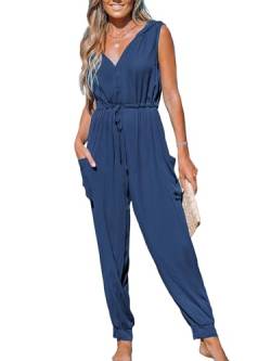 CUPSHE Damen Jumpsuit Hooded V-Ausschnitt Ärmellos Lang Playsuit mit Kordelzug Casual Lose Overalls Hosenanzug Blau M von CUPSHE