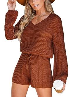 CUPSHE Damen Jumpsuit Langarm V Ausschnitt Pullover Strampler Overalls Casual Knit Pollover Sweater Jumpsuit, Burnt Orange, L von CUPSHE