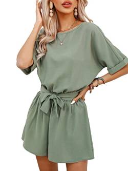 CUPSHE Damen Jumpsuit Rundhals Kurzarm Rückenschlitz Weites bein Kurz Romper mit Taillenschnürung Sommer Hosenanzug Playsuit Grün L von CUPSHE