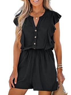 CUPSHE Damen Jumpsuit V Ausschnitt Knöpfen Volant Ärmellos Weites bein Kurz Romper Sommer Hosenanzug Playsuit Schwarz XL von CUPSHE