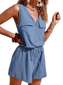 CUPSHE Damen Jumpsuit V Ausschnitt Reißverschluss Weites bein Overall mit Taschen Baumwolle Sommer Kurz Romper Playsuit Blau XL von CUPSHE