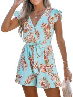 CUPSHE Damen Jumpsuit V-Ausschnitt Wickeloptik Flugärmel Strampler mit Gürtel Tropisch Weites Bein Kurz Overall Casual Lose Playsuit Blaugrün/Orange L von CUPSHE