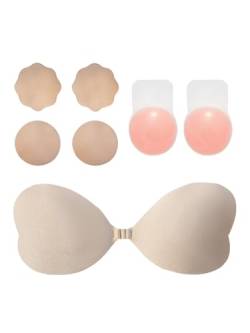 CUPSHE Damen Klebe BH Push Up,Trägerloser BH,Wiederverwendbare Unsichtbar Silikon Rückenfreier Spitzen BH mit 3 Paar Nippelpads für Badeanzug, Abendkleid, Brautkleid Beige M von CUPSHE