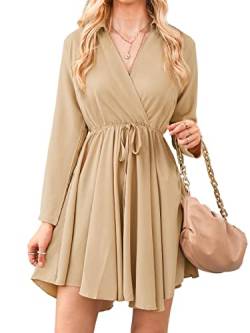 CUPSHE Damen Kleid Blusenkleid Revers Wickeloptik V Ausschnitt Langarm A Linien Minikleid Freizeitkleider Tunika Shirt Dress Khaki L von CUPSHE