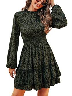 CUPSHE Damen Kleid Mock Neck Langarm Leopardenmuster Gestufter Rüschensaum Kurzes Minikleid Freizeitkleider Party Mini Dress Leopard L von CUPSHE