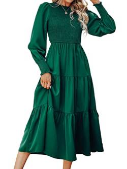 CUPSHE Damen Kleid Rundhals Langarm Gestuftes Rüschensaum Hohe Taille Gesmoktes Maxikleid A Linien Freizeitkleider Elegant Dress Grün M von CUPSHE