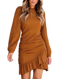 CUPSHE Damen Kleid Rundhals Langarm Zierfalten Asymmetrischer Rüschensaum Wickel Kurze Freizeitkleider Elegant Party Mini Dress Orange XL von CUPSHE