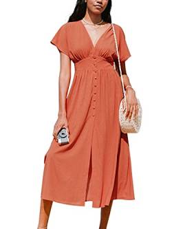 CUPSHE Damen Kleid V Ausschnitt Raffungen Kurzarm Knöpfen Sommerkleid Freizeitkleid Strand Maxi Dress Orange L von CUPSHE