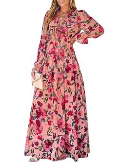 CUPSHE Damen Kleid V Ausschnitt Volants Langarm Blumendruck Gestufter Rüschensaum Lange Maxikleid Freizeitkleider Party Maxi Dress Rosa Blumenmuster L von CUPSHE