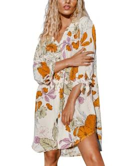 CUPSHE Damen Kleider V Ausschnitt 3/4 Ärmel Blumenmuster Blusenkleid Sommerkleid Strand Bikini Cover Up Hemd Shirt Dress Blumen L von CUPSHE