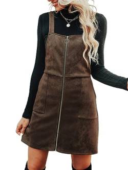 CUPSHE Damen Latzrock Quadratischer Ausschnitt Reißverschluss Wildleder Latzkleid Overallkleid Freizeitkleider Wildlederimitat Zipper Mini Dress Kaffeebraun XL von CUPSHE