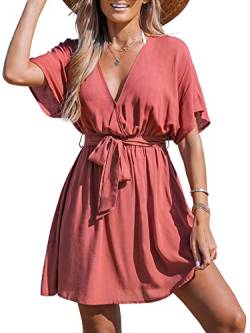 CUPSHE Damen Mini Wickelkleid Gürtel Kurze Ärmel V Ausschnitt Casual Sommer A-Linie Cocktailkleider, rot, Medium von CUPSHE