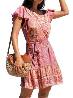 CUPSHE Damen Minikleid V-Ausschnitt Blumendruck Gürtel Kurze Flatterärmel Boho Kurzes Kleid Casual Sommerkleid, pink floral, X-Groß von CUPSHE