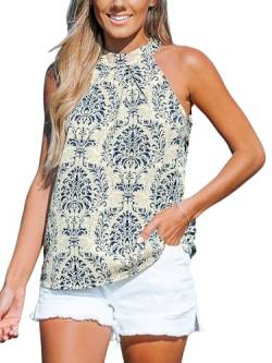 CUPSHE Damen Neckholder Oberteil Stehkragen Ärmellose Schulterfreies Shirt Sommer Elegant Tunika Bluse Tops Beige Blaue Blumenmuster L von CUPSHE