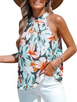 CUPSHE Damen Neckholder Oberteil Stehkragen Ärmellose Schulterfreies Shirt Sommer Elegant Tunika Bluse Tops Orange Floral L von CUPSHE