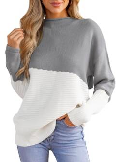 CUPSHE Damen-Pullover, gerippt, zweifarbig, lange Ärmel, Stehkragen, Pullover Tops, GRAU, Groß von CUPSHE