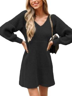 CUPSHE Damen Pulloverkleid V-Ausschnitt Wabenmuster Langarm Strukturiert Casual Knit Pullover Kleider, Schwarz, Mittel von CUPSHE