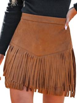 CUPSHE Damen Rock High Waist Fransen Wildleder Kurze Röcke Minirock Freizeitrock Wildlederimitat Western Style Party Mini Short Skirt Braun XS von CUPSHE