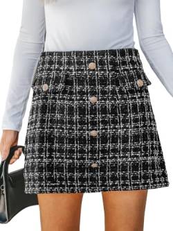 CUPSHE Damen Rock Hoher Bund Knöpfen Tweed Karo Minirock High Waist Kurz Karierter Freizeitrock Elegant Mini Short Skirt Schwarz M von CUPSHE