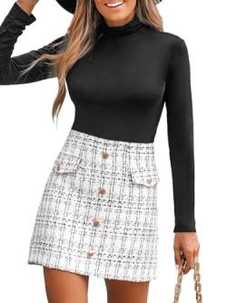 CUPSHE Damen Rock Hoher Bund Knöpfen Tweed Karo Minirock High Waist Kurz Karierter Freizeitrock Elegant Mini Short Skirt Weiß L von CUPSHE