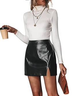 CUPSHE Damen Rock Schlitz High Waist Lackleder PU Minirock Freizeitrock Lederoptik Party Mini Short Skirt Schwarz L von CUPSHE