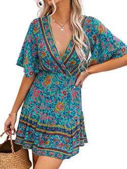 CUPSHE Damen Sommerkleid Boho A-Linie Minikleid V Ausschnitt Kurzarm Blumen Freizeitkleider Tunika Mini Dress Blau M von CUPSHE