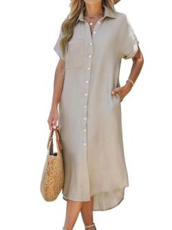 CUPSHE Damen Sommerkleid Knöpfen Kurzarm Seitenschlitz Blusenkleid Freizeitkleider Bikini Cover Up Casual Midi Shirt Dress Beige L von CUPSHE