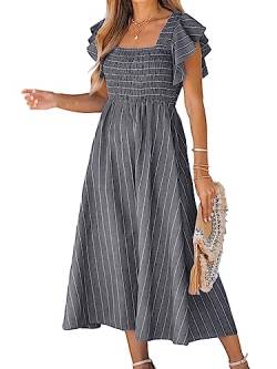 CUPSHE Damen Sommerkleid Quadratischer Ausschnitt Volantärmel Nadelstreifen A Linie Gesmoktes Maxikleid Freizeitkleider Milkmaid Dress Grau M von CUPSHE