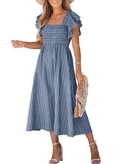 CUPSHE Damen Sommerkleid Quadratischer Ausschnitt Volantärmel Nadelstreifen A Linie Gesmoktes Maxikleid Freizeitkleider Milkmaid Dress Stahlblau M von CUPSHE