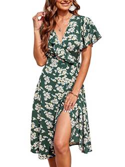 CUPSHE Damen Sommerkleid Rüschen V Ausschnitt Wickeloptik Kurzarm Blumenmuster Freizeitkleider Vintage Beach Wrap Dress Olivgrün L von CUPSHE