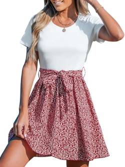 CUPSHE Damen Sommerkleid Rundhals Kurzarm Blumendruck T Shirt Kleid Taillenschnürung A Linie Freizeitkleider Tunika Mini Dress Rot/Blumenmuster M von CUPSHE