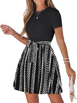 CUPSHE Damen Sommerkleid Rundhals Kurzarm Taillenschnürung Geometrische Muster T Shirt Kleid Freizeitkleider Tunika Mini Dress Schwarz S von CUPSHE