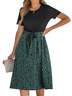 CUPSHE Damen Sommerkleid Rundhals Kurzarm Taillenschnürung Leoparden T Shirt Kleid Freizeitkleider Tunika Midi Dress Grün gesprenkelt S von CUPSHE