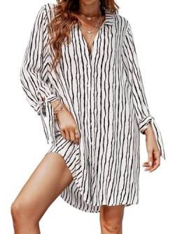 CUPSHE Damen Sommerkleid V Ausschnitt 3/4 Ärmel Streifenmuster Blusenkleid Freizeitkleider Strand Bikini Cover Up Hemd Shirt Mini Dress Schwarz/Weiß L von CUPSHE