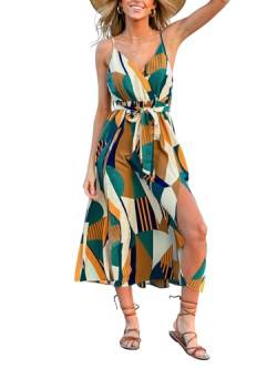 CUPSHE Damen Sommerkleid V Ausschnitt Ärmellos Beinschlitz Abstrakter Print Spaghetti Trägerkleid Freizeitkleider Beach Midi Cami Dress Grüner Druck M von CUPSHE